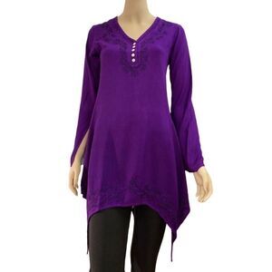 Dark Purple V Neck Long Bell Sleeve Back Tie Embroidered Tunic Top - NEW